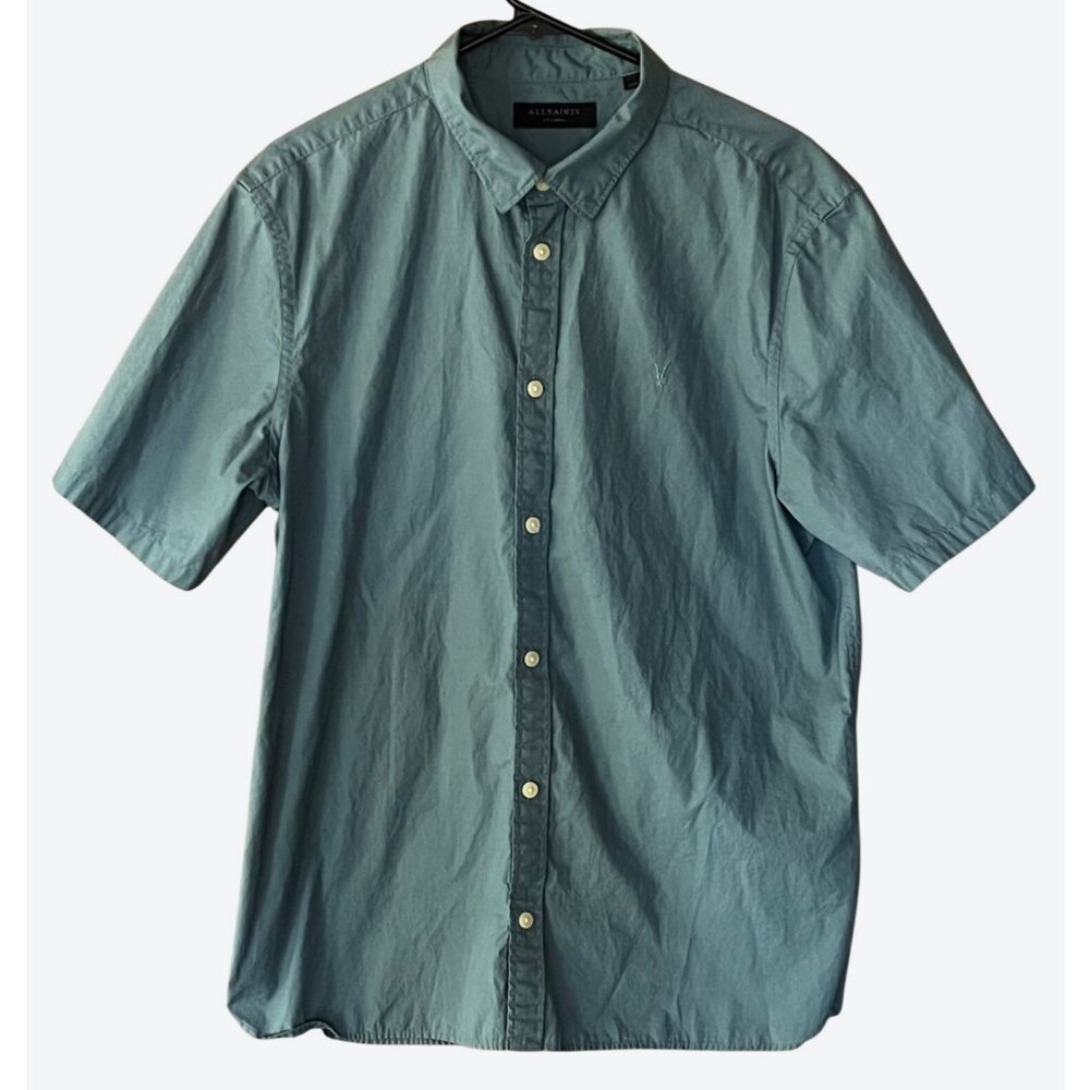 Allsaints Men's Large Short Sleeve Button Front Stone Blue Organic Cotton Shirt